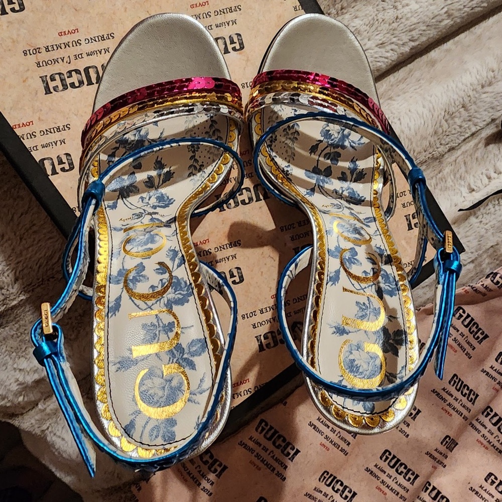 NIB Gucci Haines 105mm Sequin Sandal Heels 37 - Picture 5 of 16